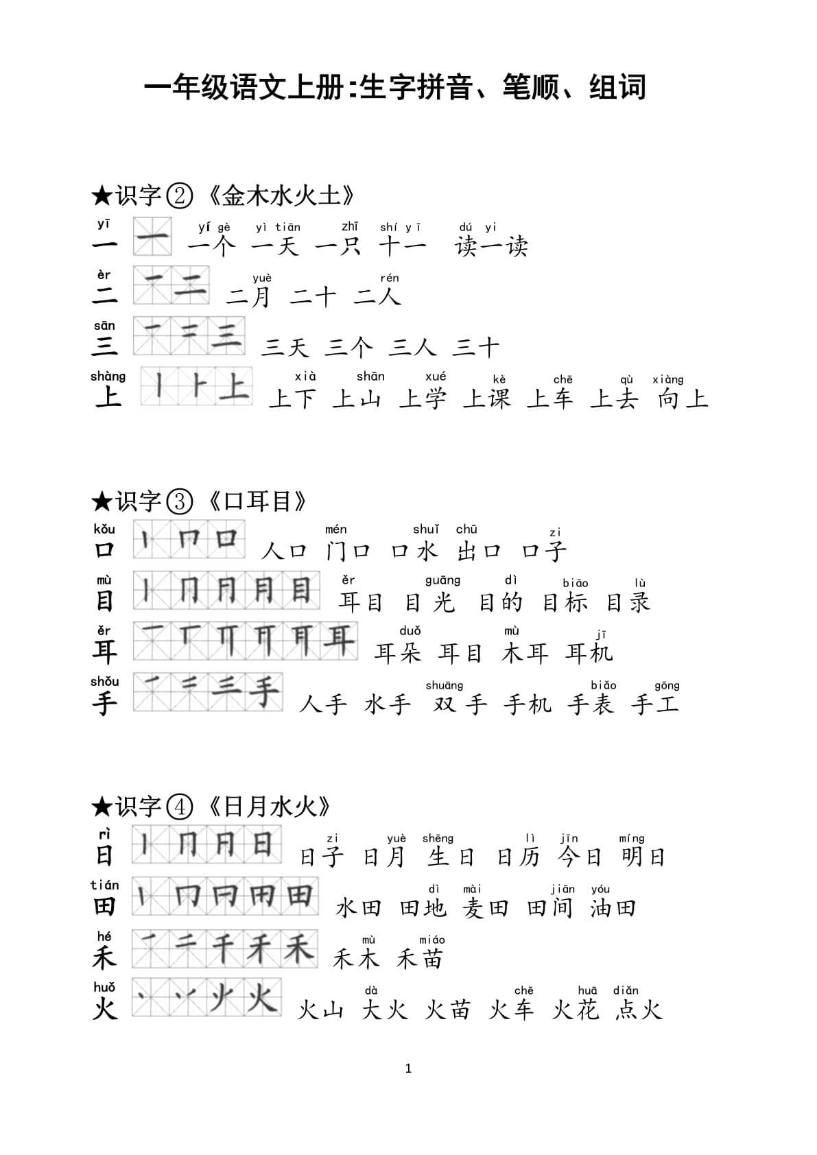 2026年部编版一年级语文上册生字拼音笔顺组词大全 - 全册生字表 - 预览图2