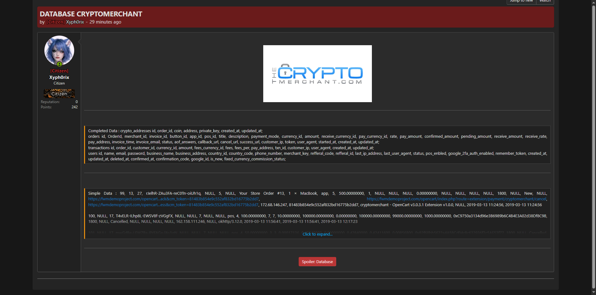 全球加密货币支付平台CryptoMerchant.com完整数据库泄露